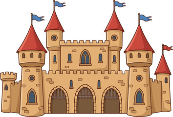 Fototapeta premium Cartoon Castle Vector Illustration with Red Flags, Tower, Fortress, and Fantasy Design for Kids, Fairytale, and Adventure Themes