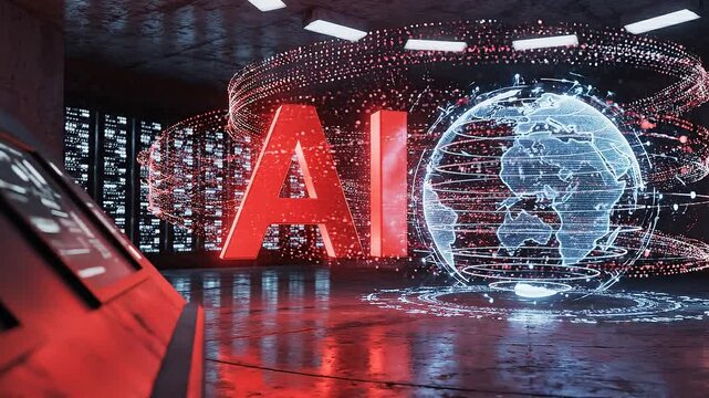 Over the shoulder view of a glowing red ai logo and holographic earth in a futuristic tech room