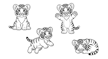 Obraz premium Four adorable tiger cubs in playful poses black and white illustration cute animals