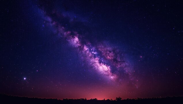 vibrant purple and pink milky way arching over silhouetted treeline at night, evoking awe and serenity