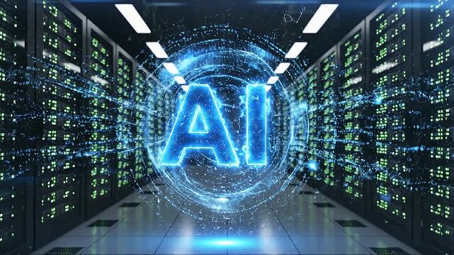 Glowing digital ai logo floating inside a modern server room data center technology concept