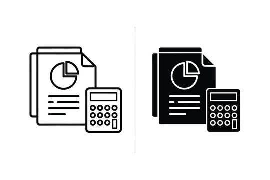 Financial analysis and calculation icons with pie chart on document and calculator, flat design vector illustration