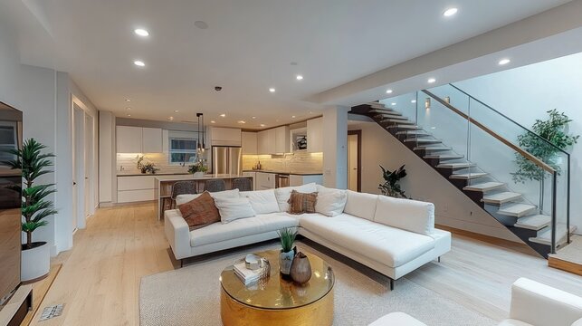 bright modern open-plan living room and kitchen with white l-shaped sectional sofa, gold round coffee table, kitchen island with bar stools, glass-railed staircase and cozy inviting feel