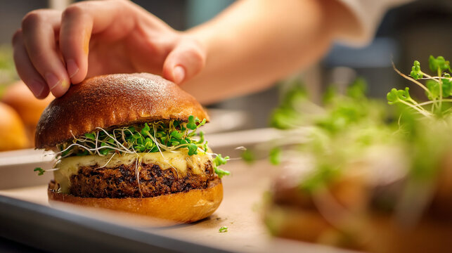 Hand holding a juicy beef burger with fresh lettuce and sprouts on a bun, fast food
