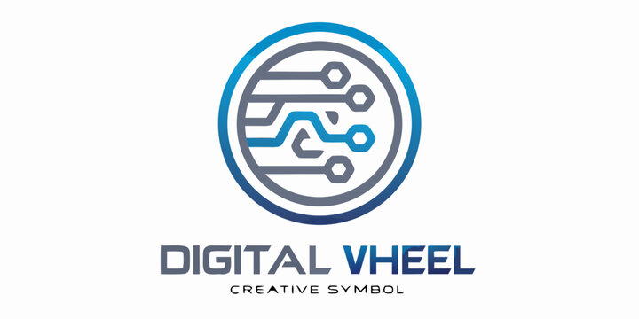 Abstract digital wheel logo with integrated circuit board design elements