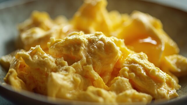 Soft scrambled eggs with glossy highlights catching light
