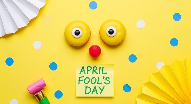 Colorful April Fool's Day decorations with a playful face and party accessories on yellow background