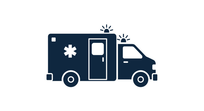 Silhouette of an ambulance with flashing lights in minimalist style, isolated on a white background