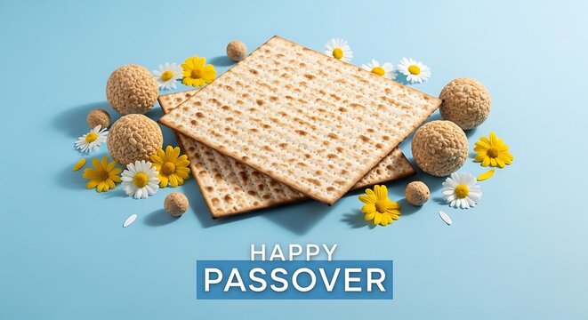 Traditional jewish matzo and charoset for passover celebration on blue background with flowers