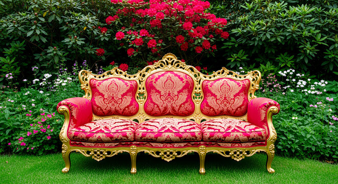 Ornate gold and red three- seat vintage sofa in a garden with blooming flowers red and gold sofa