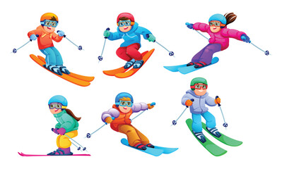 Fototapeta premium Collection of children character skiing with colorful winter clothes and gear. Vector cartoon illustration