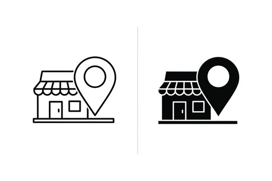 Storefront with Location Pin, Line and Filled Icons for Navigation and Business Vector Illustration