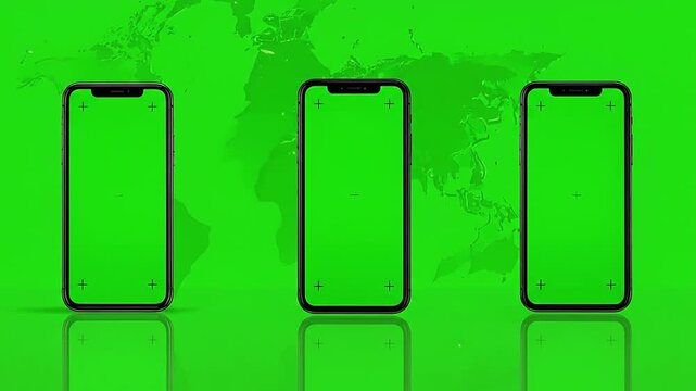 Three generic smartphones with green screens in front of a world map on a green background