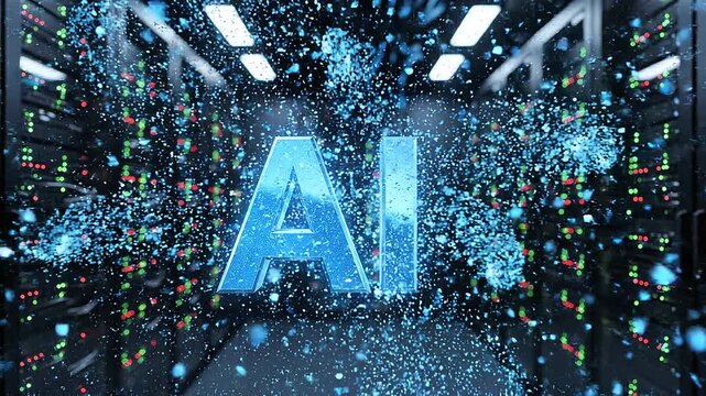 Front view shot of glowing ai logo in blue light with digital particles futuristic technology