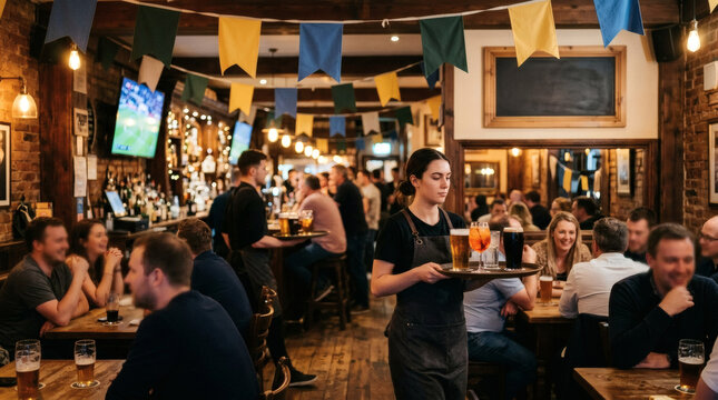 A bustling pub filled with people enjoying drinks and socializing in a lively atmosphere