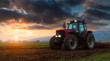 Obraz premium A red tractor working on a plowed field during a colorful sunset with dramatic clouds overhead