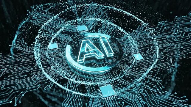 Glowing teal ai logo symbol rotating above digital circuit board technology background animation