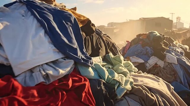 A large pile of discarded clothing and textiles in an outdoor, urban environment setting