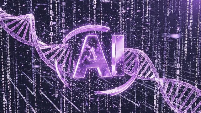 Isometric ai logo with glowing dna helix animation in a digital binary data matrix background