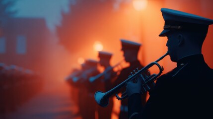 Fototapeta premium Musicians in uniform play trumpets shrouded in fog, illuminated by warm street lights at dusk