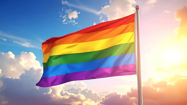 A colorful striped flag waving in the wind against a bright, sunny, cloudy sky background