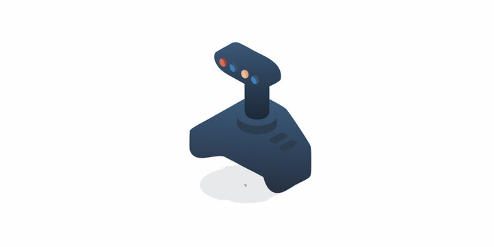 Isometric illustration of a dark blue joystick with colorful buttons