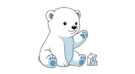 A charming cartoon polar bear cub sits cheerfully beside ice crystals in a bright, playful illustration, its friendly wave and gentle blue accents creating a heartwarming and inviting © Anggita