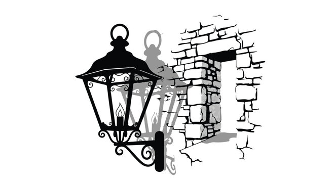 Vintage lantern casts intricate shadows on rustic stone wall with doorway