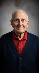 Obraz premium Portrait of a dignified elderly man posing for a heritage feature in a blue cardigan and red collared shirt against a neutral studio background with copy space