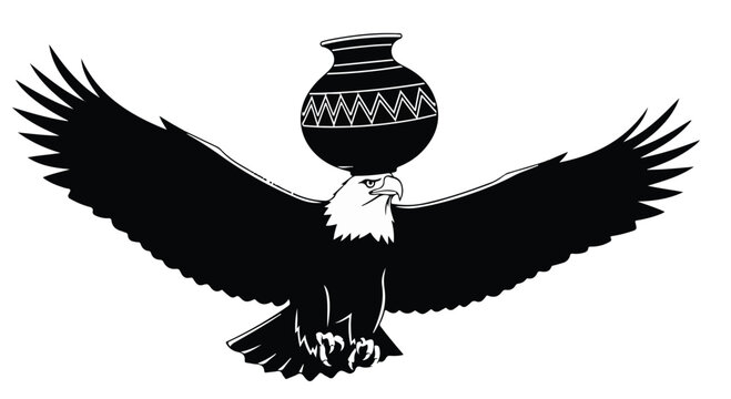 Majestic eagle with wings spread wide carries a decorative pot on its head