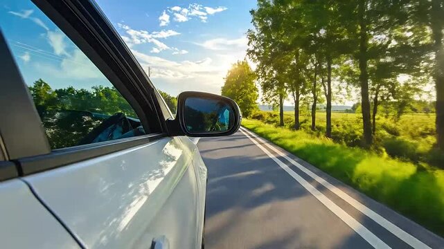 A white vehicle driving down a long, open road with trees on either side on a sunny day
