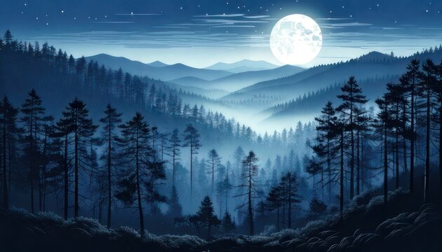 Mystical Moonlight Over Forested Mountains - A Serene Night Landscape.