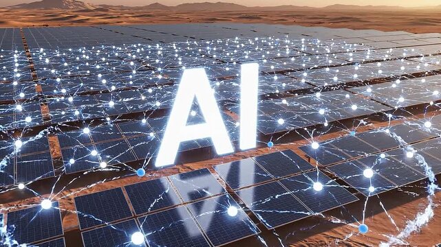 Futuristic ai logo animation with glowing effects in a desert solar panel field at sunset