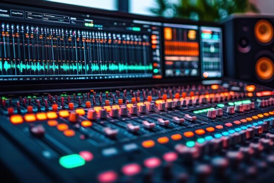 vibrant music studio mixing console with glowing colorful LED buttons, rows of faders and knobs, waveform display on wide monitor and studio speaker conveying focused creative energy