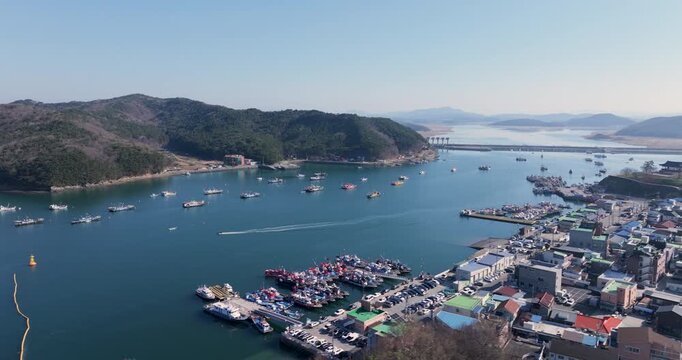 Aerial Drone Footage of Peaceful Ocheon Port and Chungcheong Suyeongseong Fortress, Boryeong, South Korea