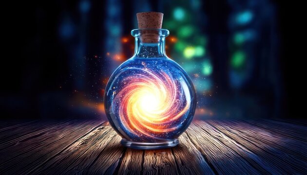 Mystical Potion - A swirling galaxy contained within a glass bottle.