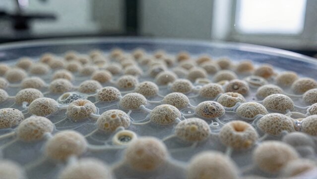 Closeup of spherical objects on a tray