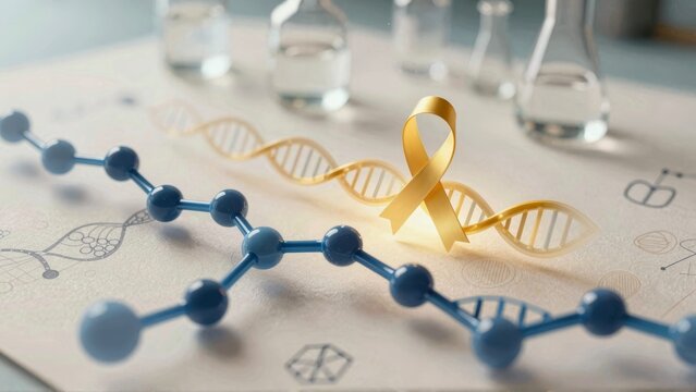A yellow ribbon symbolizing hope stands out against a white background with molecular structures in blue and white