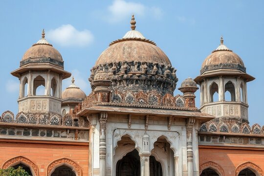 ornate historic sandstone and red brick monument with carved domes, decorative chhatris, scalloped arched entrance and intricate stonework under a clear blue sky, serene and majestic