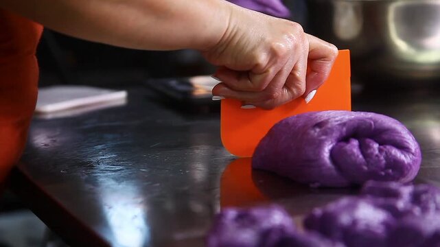 Ube cheese pandesal being prepared for baking