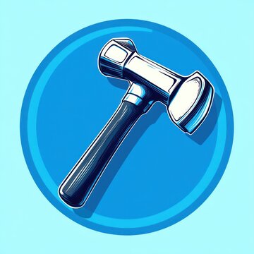 Shiny double-faced metal hammer with dark handle on a blue circular badge, bold energetic and powerful mood