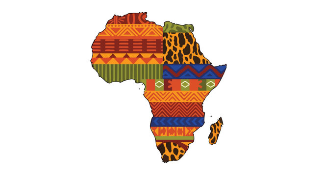 Vibrant colorful African continent map with traditional tribal patterns and textures