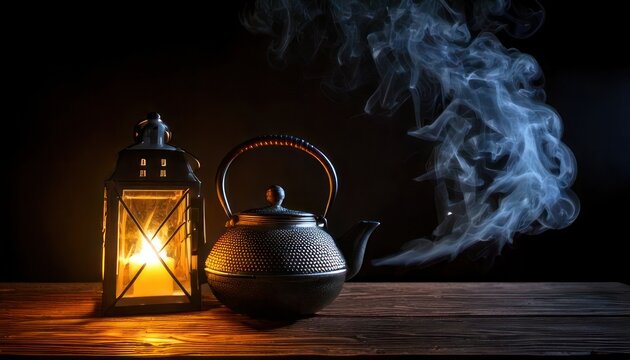Mystical Still Life - Lantern, Kettle, and Ethereal Smoke.
