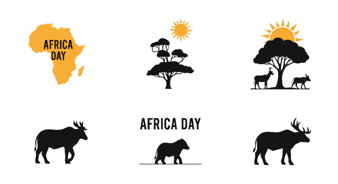 Africa Day celebration icons with animal silhouettes and continent map