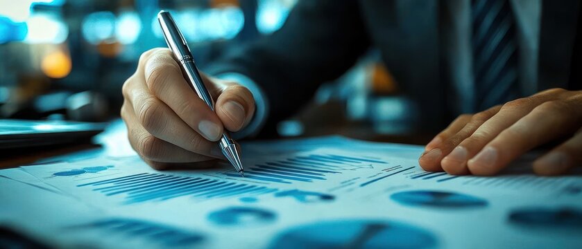 focused professional analyzing blue charts and graphs with pen on desk, close-up of hands and financial data