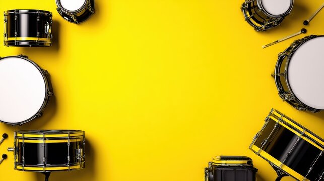 A vibrant layout featuring various drums arranged around a bright yellow backdrop