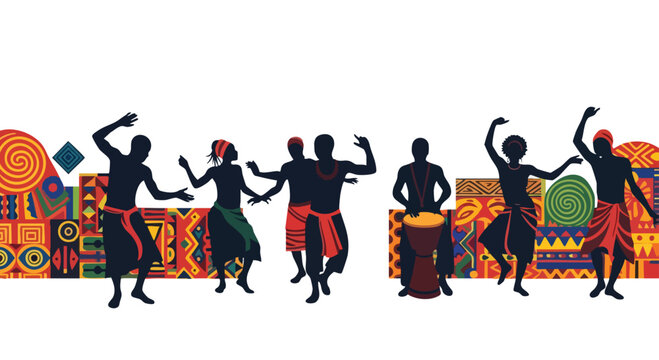 African dancers in traditional attire performing with vibrant cultural patterns and drumming