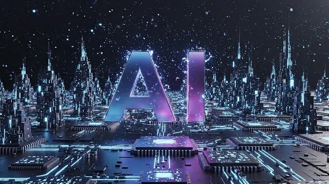 Futuristic ai text logo animation in cyberpunk style with neon lights and dynamic motion