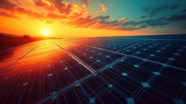 Expansive solar panel array reflecting a vibrant sunset sky with dramatic clouds, warm glow and a serene sense of sustainable optimism