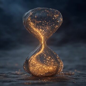 Hourglass with glowing golden particles flowing downward representing passage of time and fleeting moments in this high quality abstract 3d digital motion background animation stock video clip